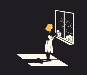 Zeichnung: Frau steht am Fenster und blickt sehnsüchtig hinaus