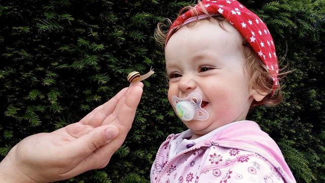 Lust am Leben - Kleines Kind mit Schnuller im Mund beobachtet Schnecke auf Hand der Mutter und lacht darüber